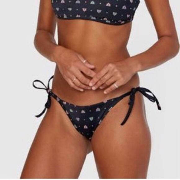 RVCA Foulard High Cut French Bikini Bottom Size M Side Tie Black Mandala-Like - Picture 6 of 9